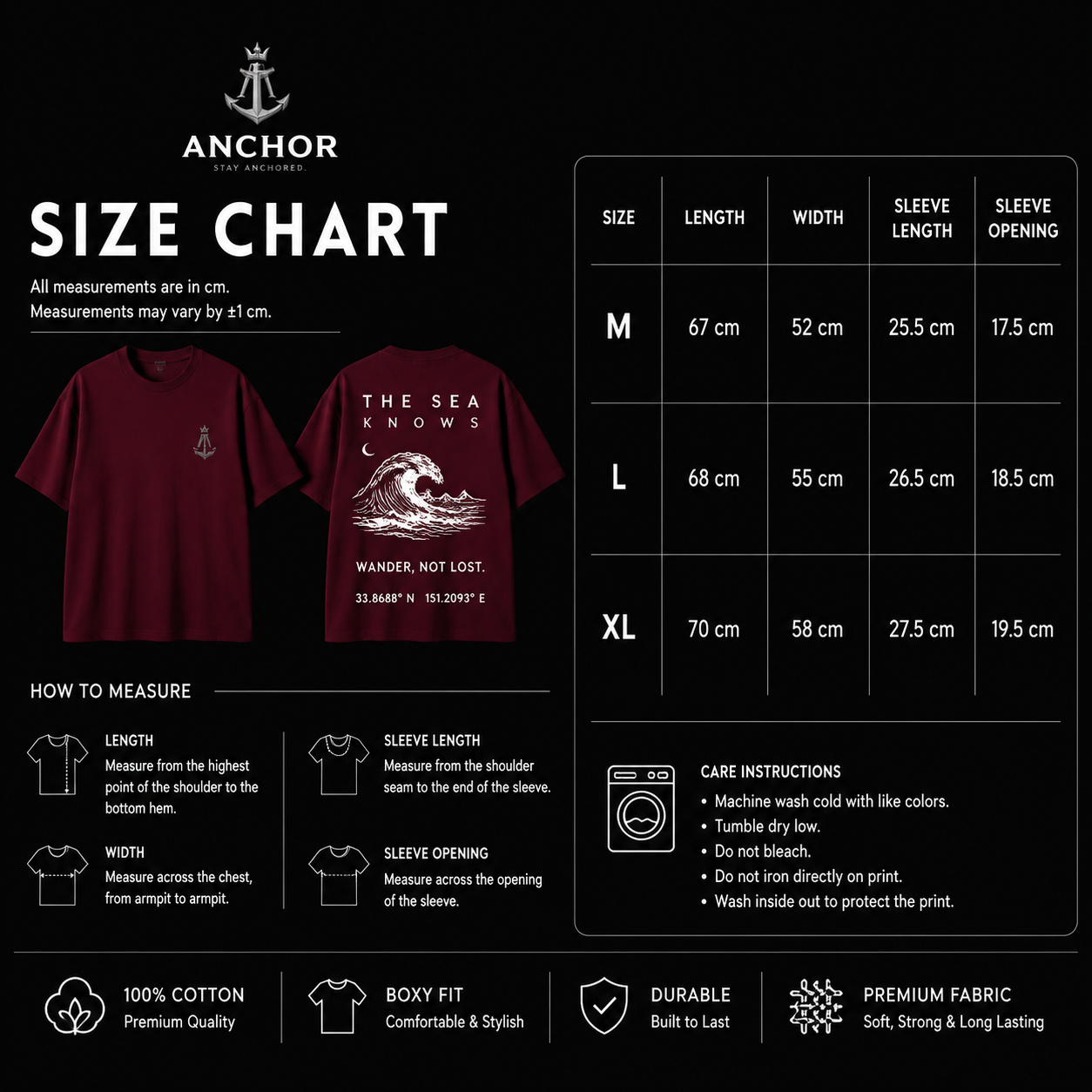 Anchor “The Sea Knows” Boxy Fit T-Shirt – Burgundy