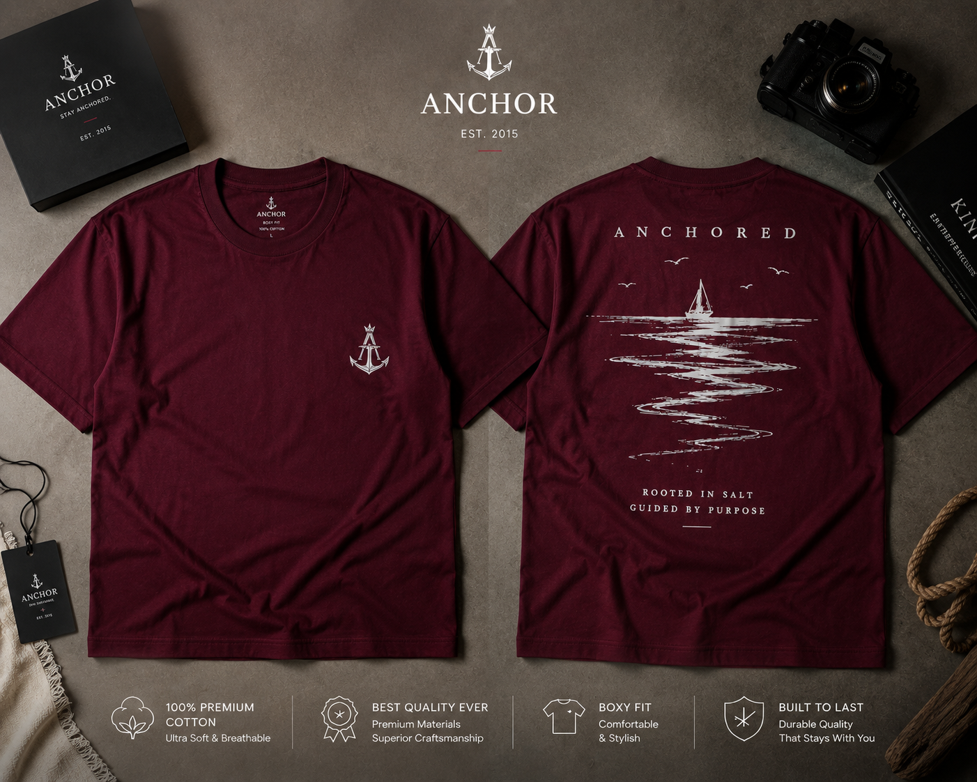 Anchor Essential Box Fit T-Shirt – Burgundy | Premium Heavy Cotton