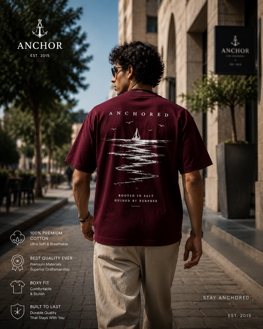 Anchored Sailboat Box Fit T-Shirt – Burgundy | Premium Heavy Cotton