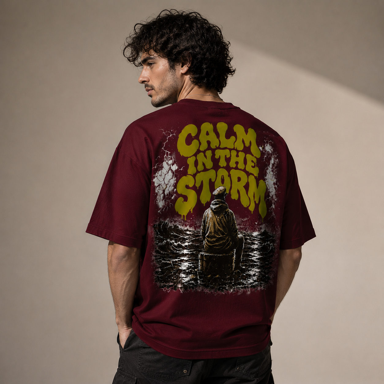 Calm In The Storm | Premium Heavyweight Box Fit T-Shirt – Burgundy | 100% Cotton | Anchor