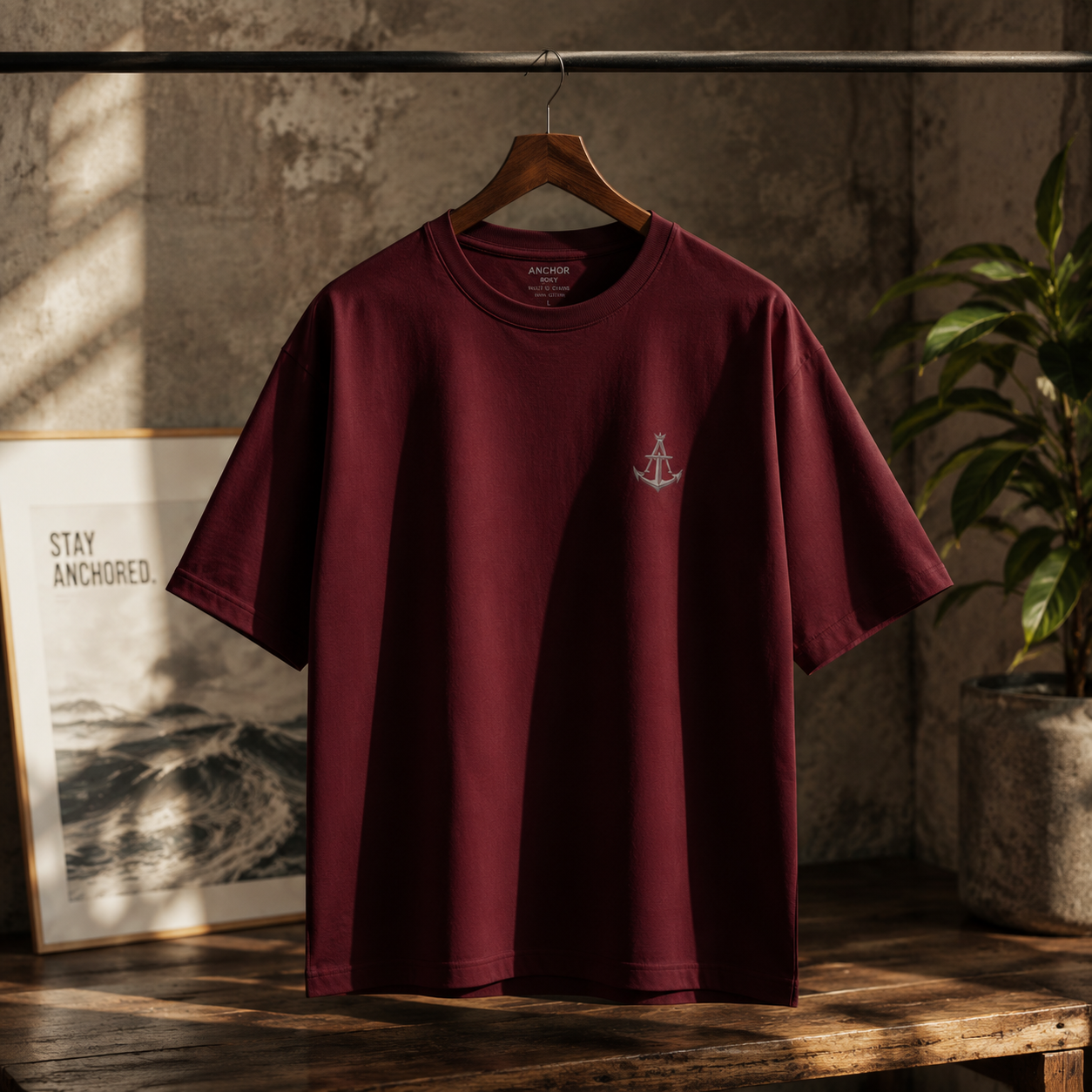Calm In The Storm | Premium Heavyweight Box Fit T-Shirt – Burgundy | 100% Cotton | Anchor