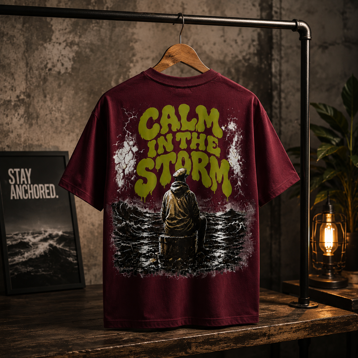 Calm In The Storm | Premium Heavyweight Box Fit T-Shirt – Burgundy | 100% Cotton | Anchor