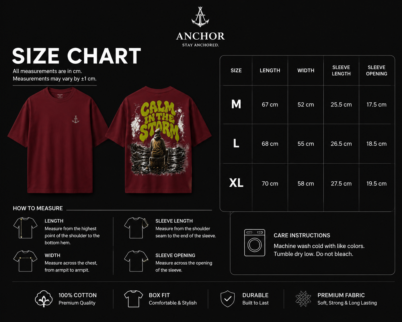Calm In The Storm | Premium Heavyweight Box Fit T-Shirt – Burgundy | 100% Cotton | Anchor