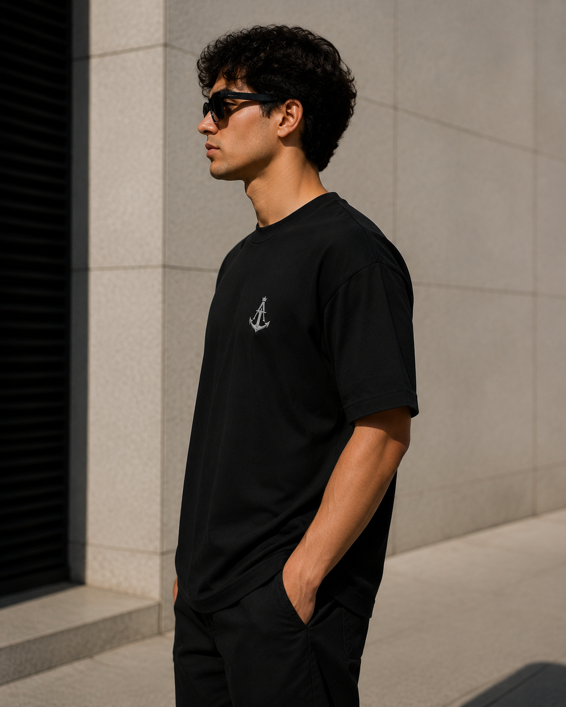Anchored Sailboat Box Fit T-Shirt – Black | Premium Heavy Cotton