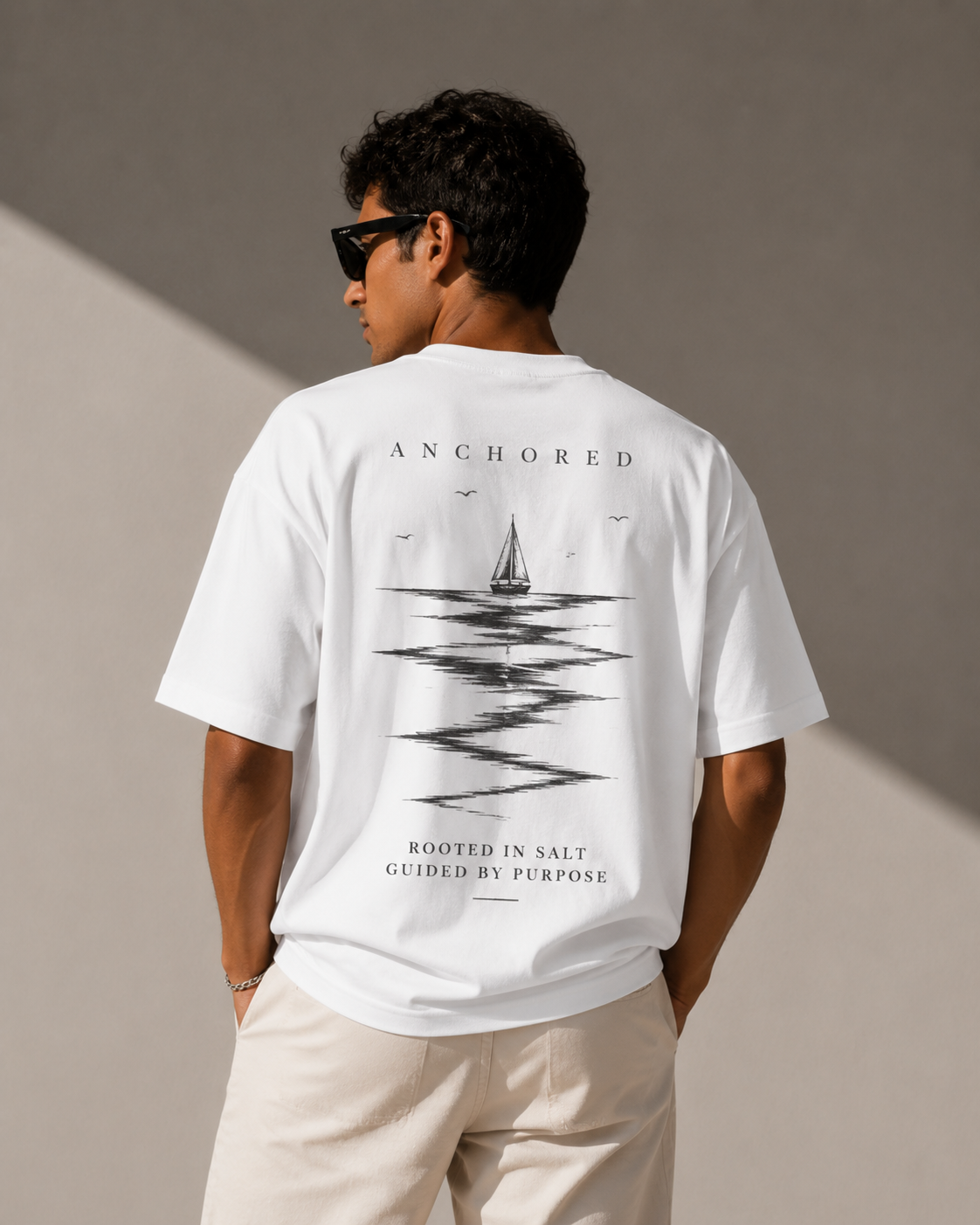 Anchored Sailboat Box Fit T-Shirt – White | Premium Heavy Cotton