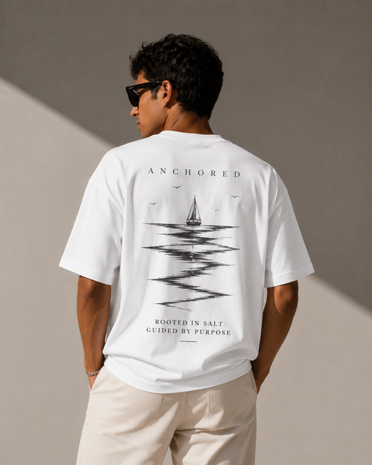 Anchored Sailboat Box Fit T-Shirt – White | Premium Heavy Cotton