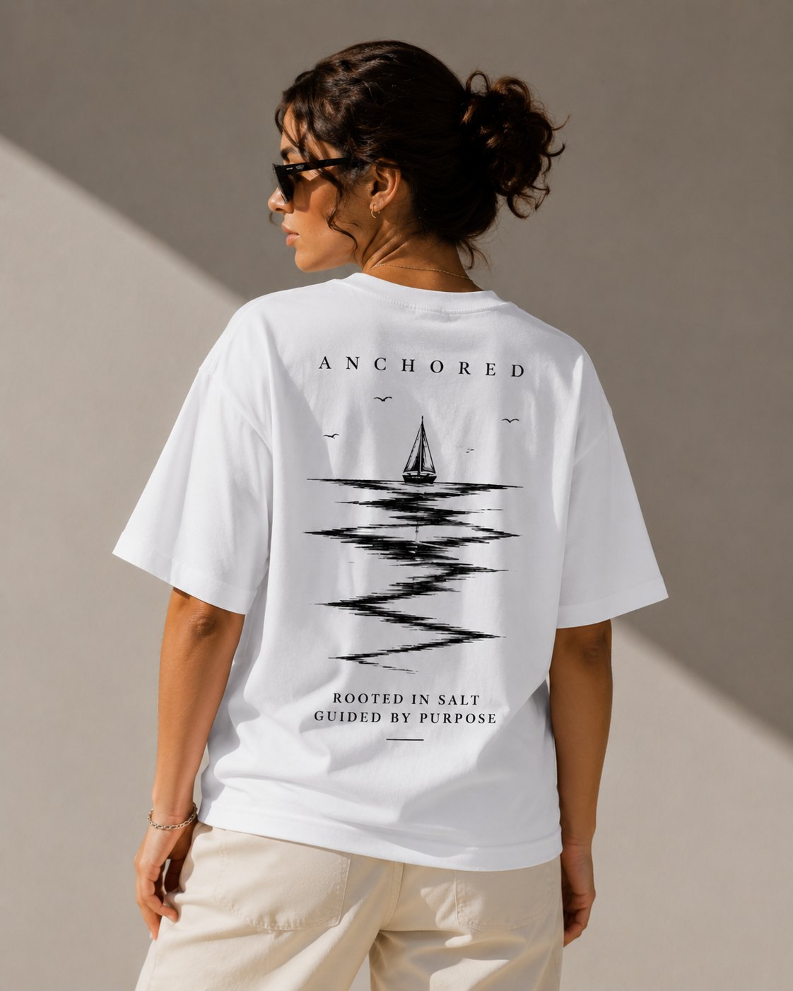 Anchored Sailboat Box Fit T-Shirt – White | Premium Heavy Cotton