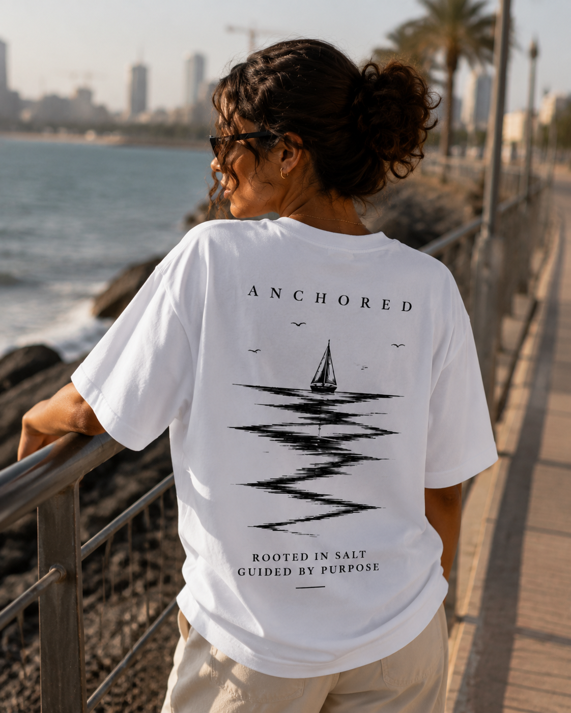 Anchored Sailboat Box Fit T-Shirt – White | Premium Heavy Cotton