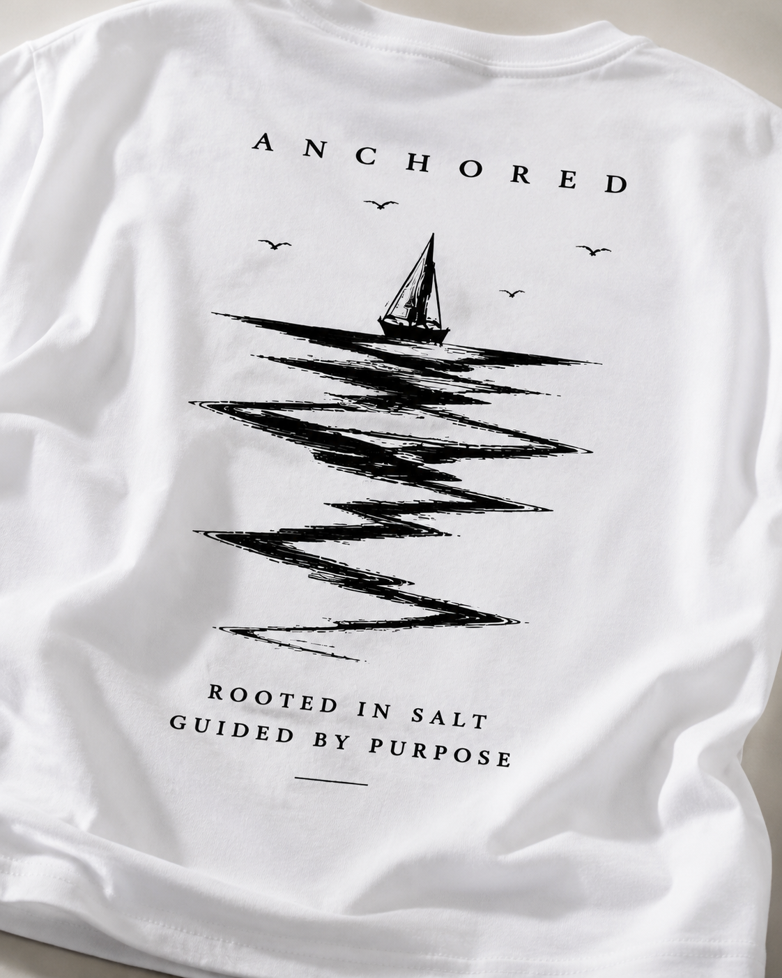 Anchored Sailboat Box Fit T-Shirt – White | Premium Heavy Cotton