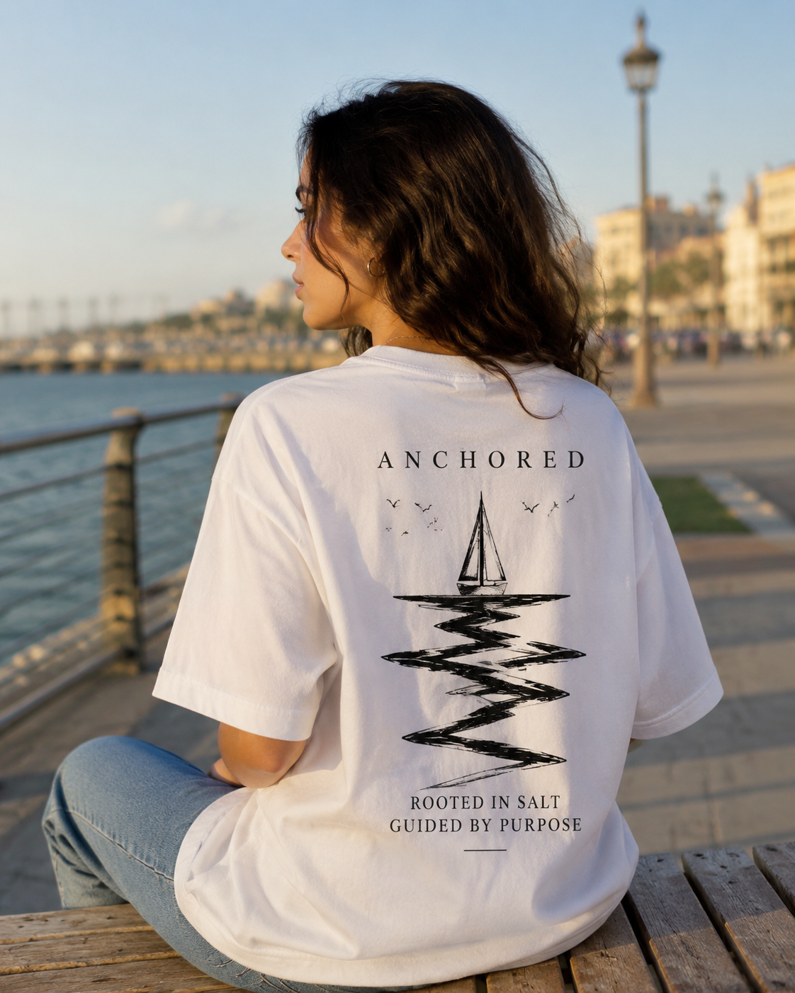 Anchored Sailboat Box Fit T-Shirt – White | Premium Heavy Cotton