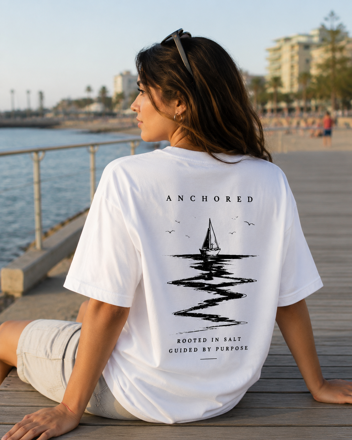 Anchored Sailboat Box Fit T-Shirt – White | Premium Heavy Cotton