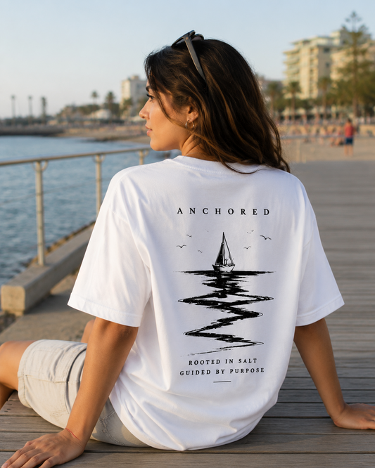 Anchored Sailboat Box Fit T-Shirt – White | Premium Heavy Cotton