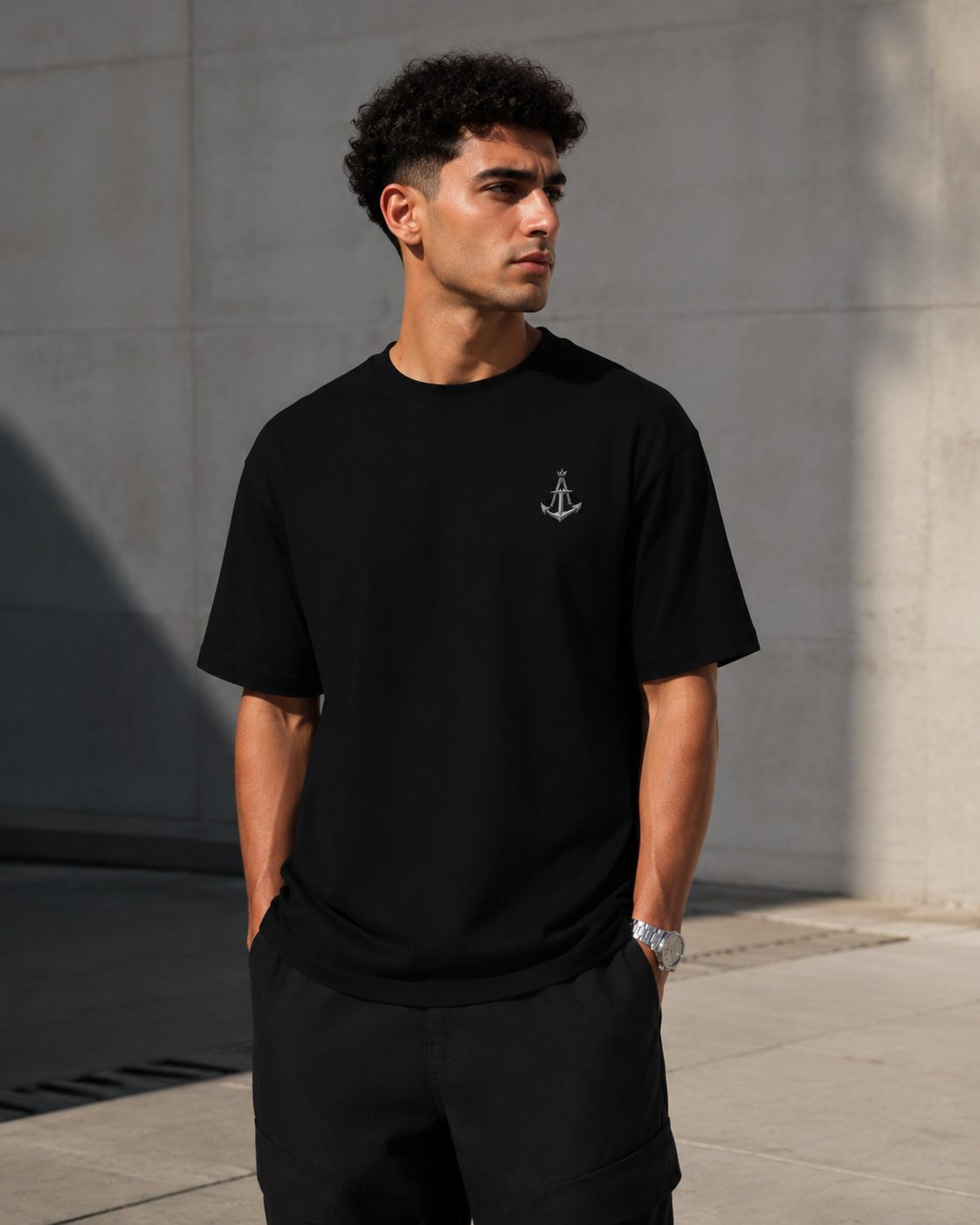 Anchored Sailboat Box Fit T-Shirt – Black | Premium Heavy Cotton