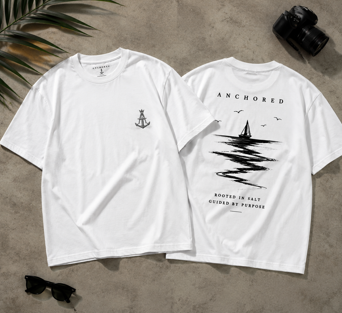 Anchored Sailboat Box Fit T-Shirt – White | Premium Heavy Cotton