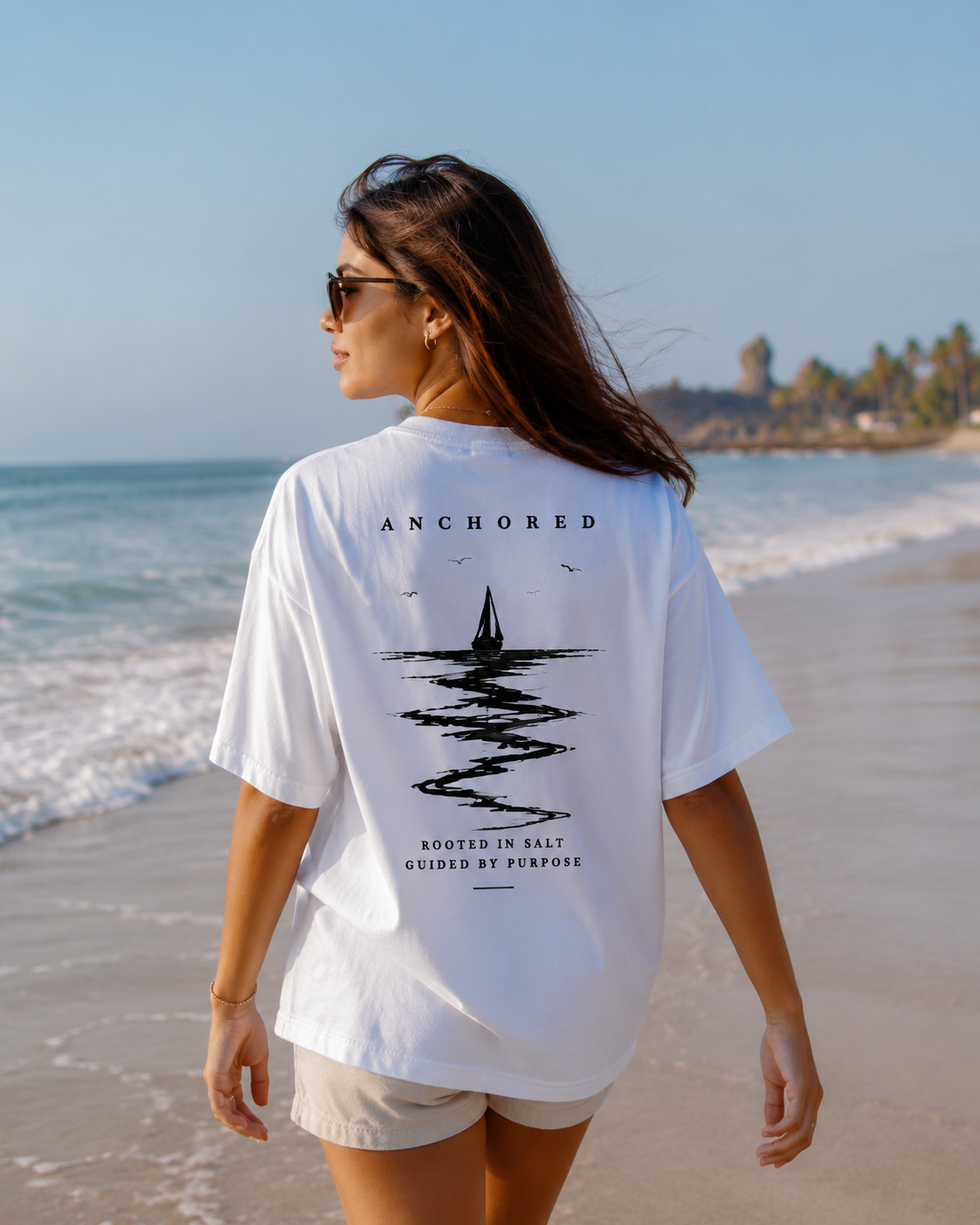 Anchored Sailboat Box Fit T-Shirt – White | Premium Heavy Cotton