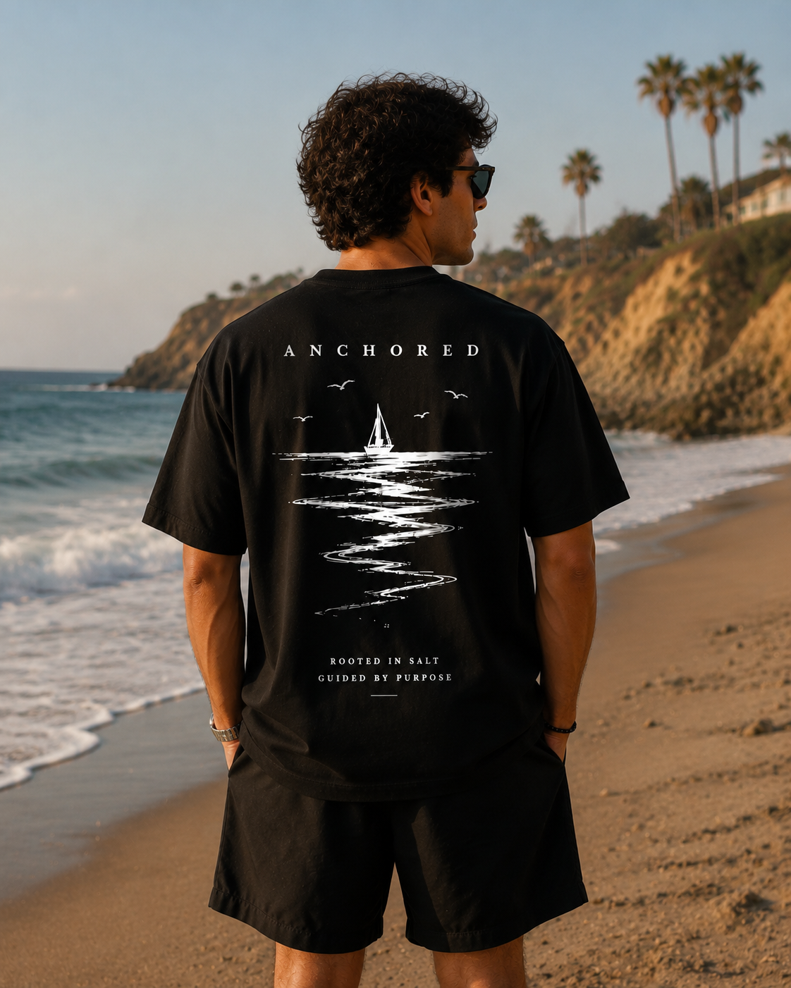 Anchored Sailboat Box Fit T-Shirt – Black | Premium Heavy Cotton