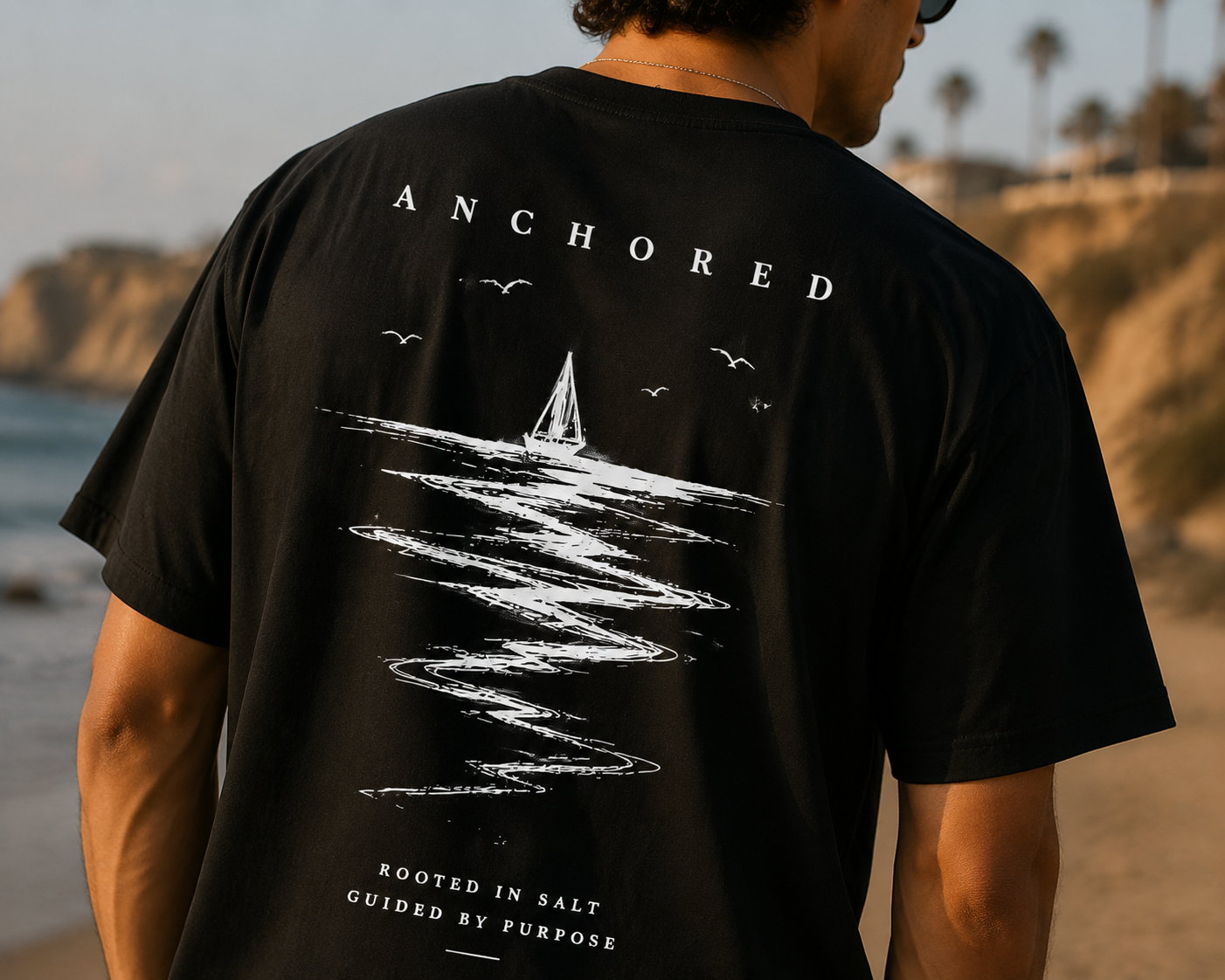 Anchored Sailboat Box Fit T-Shirt – Black | Premium Heavy Cotton