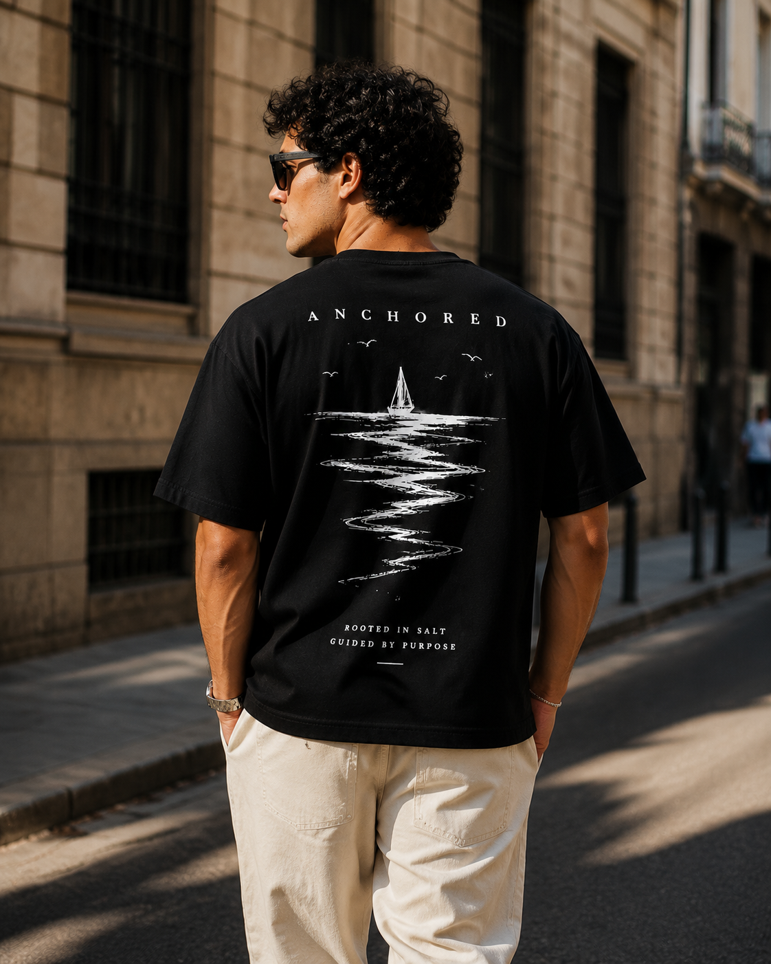 Anchored Sailboat Box Fit T-Shirt – Black | Premium Heavy Cotton