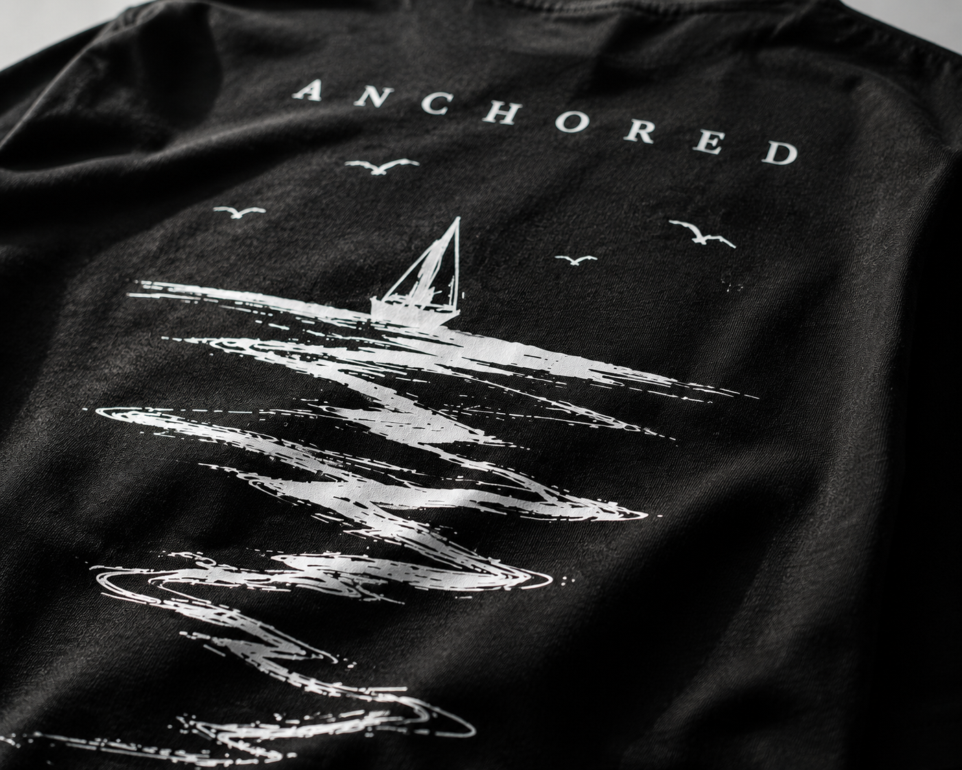 Anchored Sailboat Box Fit T-Shirt – Black | Premium Heavy Cotton