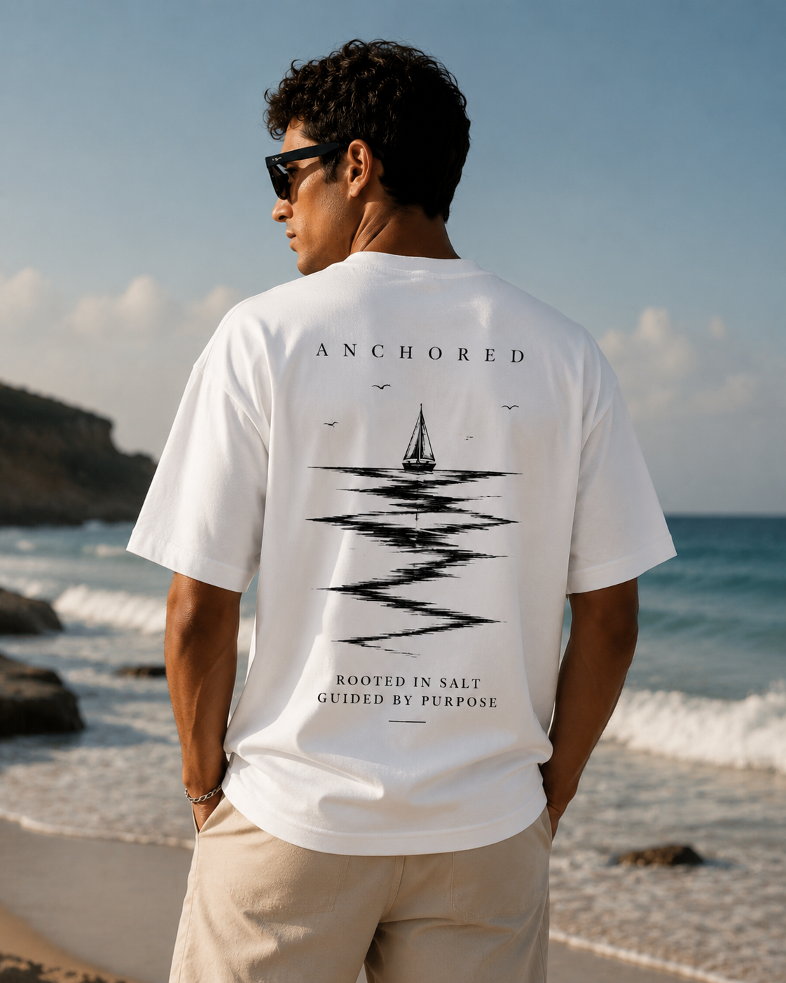 Anchored Sailboat Box Fit T-Shirt – White | Premium Heavy Cotton