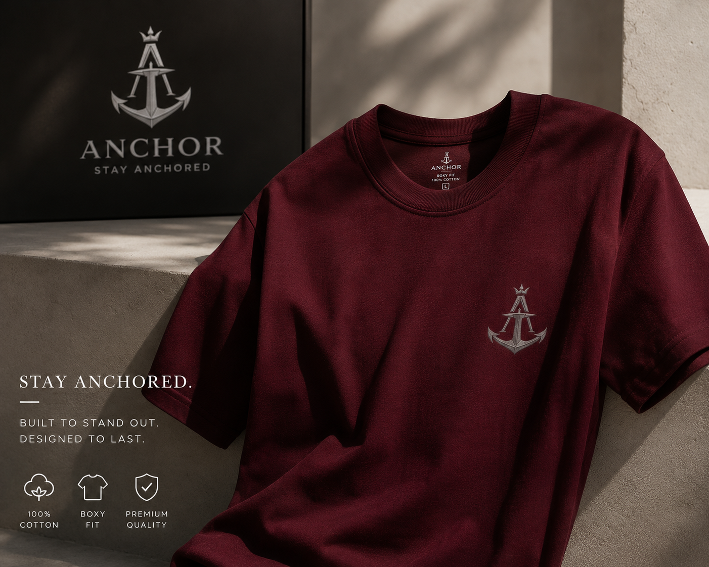 Anchor Premium Box Fit Tee – Burgundy