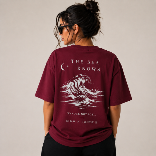 Anchor “The Sea Knows” Boxy Fit T-Shirt – Burgundy