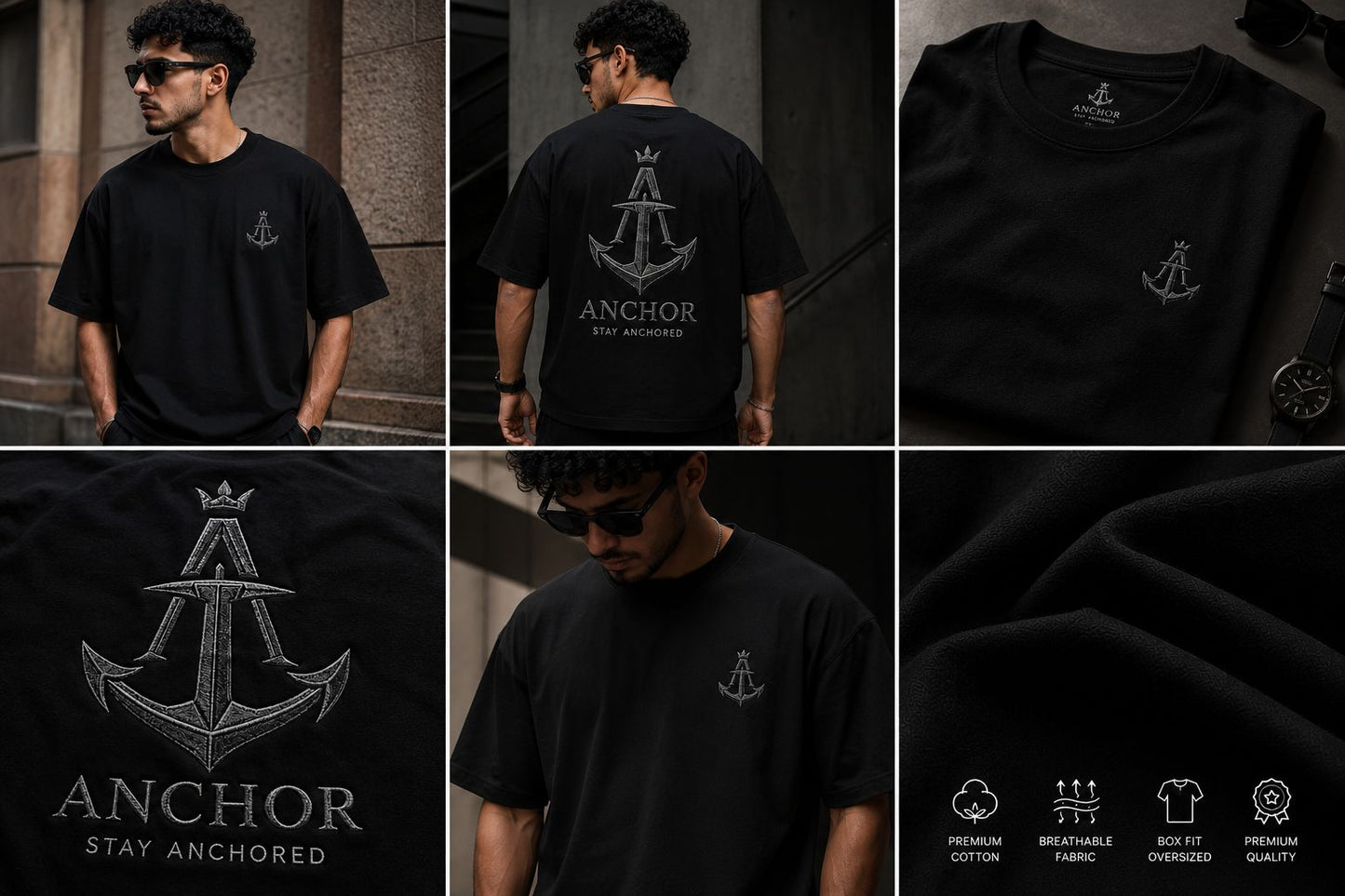 Black t-shirt with anchor design and text, shown from different angles.