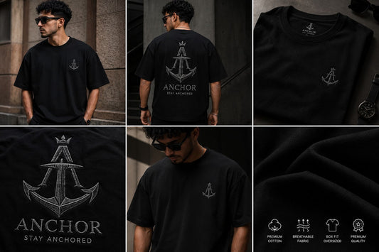 Black t-shirt with anchor design and text, shown from different angles.